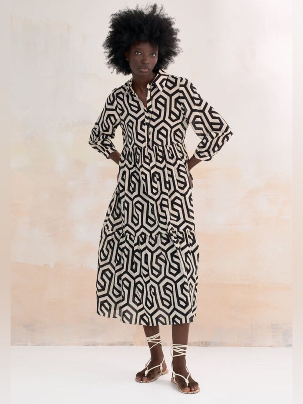 Zara Geometric Print Cream Black Tiered Midi Dress Small Cotton Collared Button